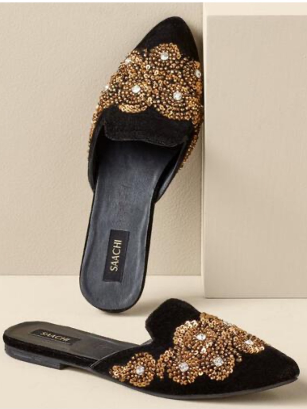 SAACHI Black Velvet Mules with Gold Beaded Embellishment size 10 New